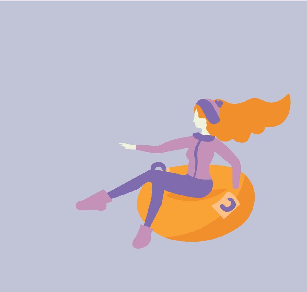 Vector cartoon flat girl in hat sledging at inflatable tube, snowtubing outdoors in winter with long red hairs . Young joyful caucasian white woman sledding on snow rubber tube.Winter activity concept