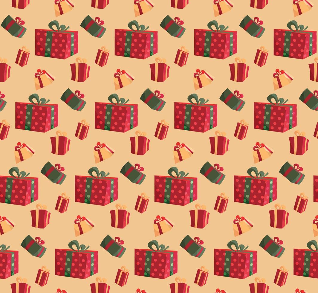 Party presents colorful seamless pattern on beige background. Pattern gift box for fabric print,wrapping package gift box paper. Red, green gift box with ribbon and bow. Vector present box flat vector
