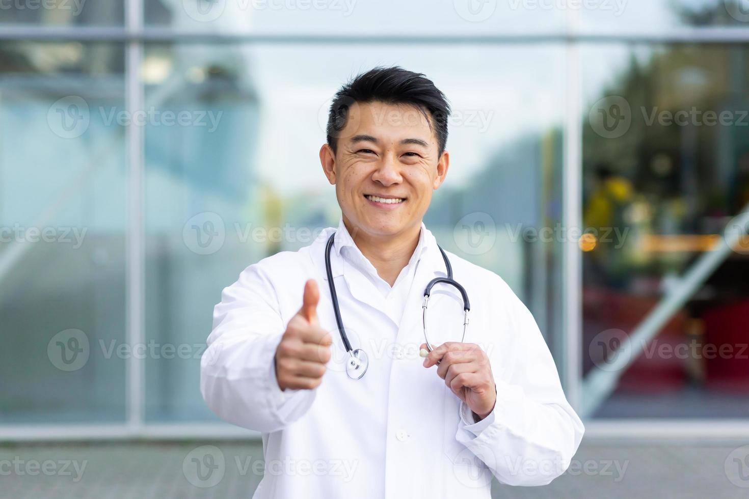 portrait of male cheerful asian doctor smiling and looking at camera holding thumbs up photo