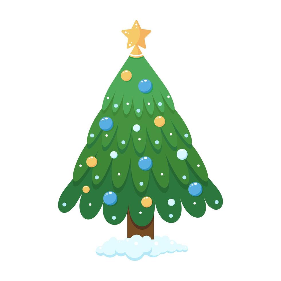 Green Christmas tree with star and balls. vector illustration