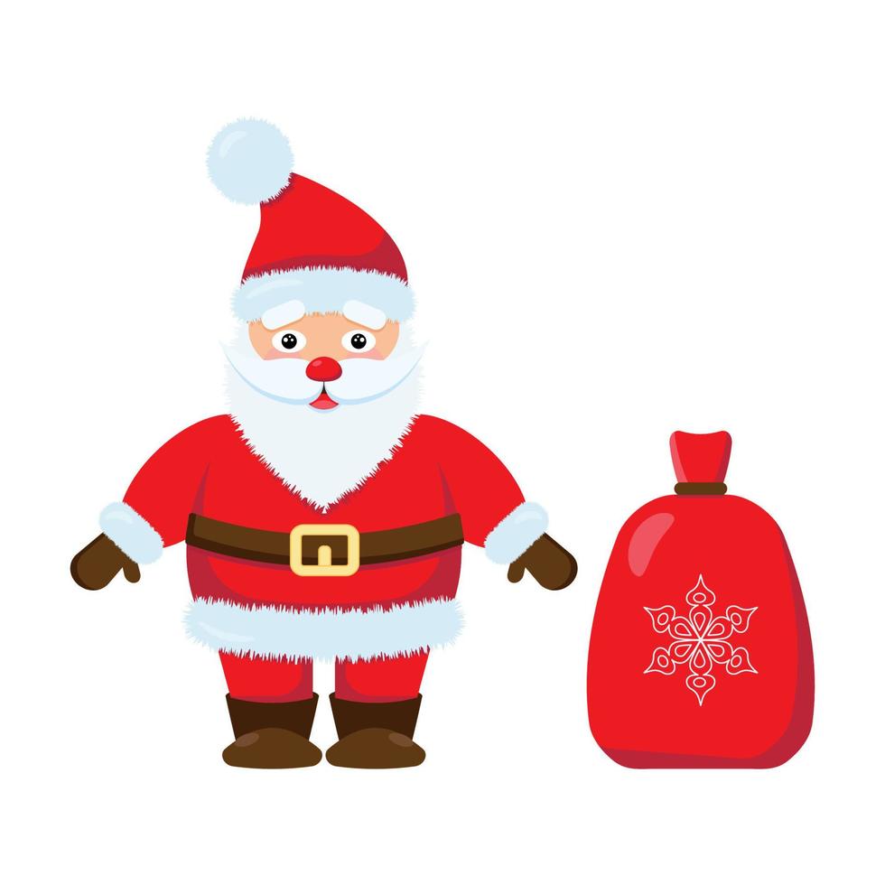 Cute funny Santa Claus with a bag of gifts. vector illustration