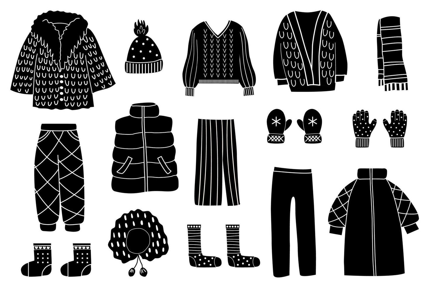 Set of black silhouettes of winter clothes. vector illustration