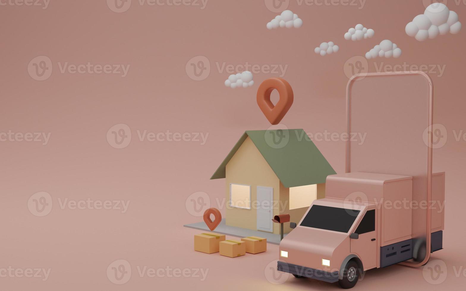 Online delivery service app concept, Delivery van and mobile phone with pin on house. 3D rendering photo