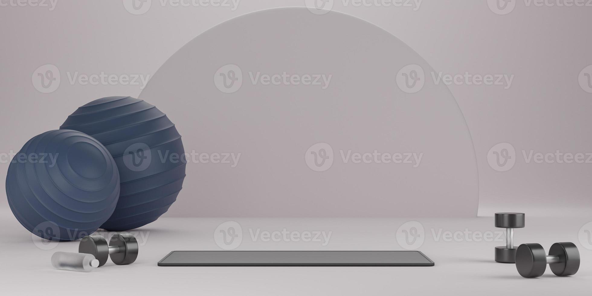 Metal dumbbell, fit ball, yoga mat and drinking water bottle. Equipment for fitness on white background. 3D Rendering photo