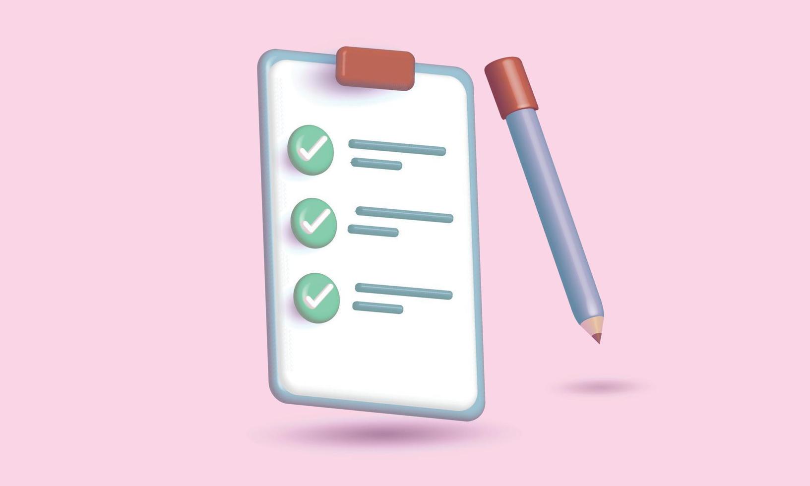 business target planning. 3D render pencil minimal cartoon checklist icon on clipboard paper correct mark floating on pastel background vector