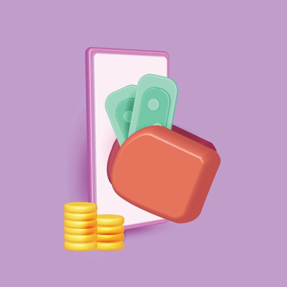 Open red wallet with coins,credit cards floating Payment money transfer wallet cartoon minimal, saving, cashback. 3d vector