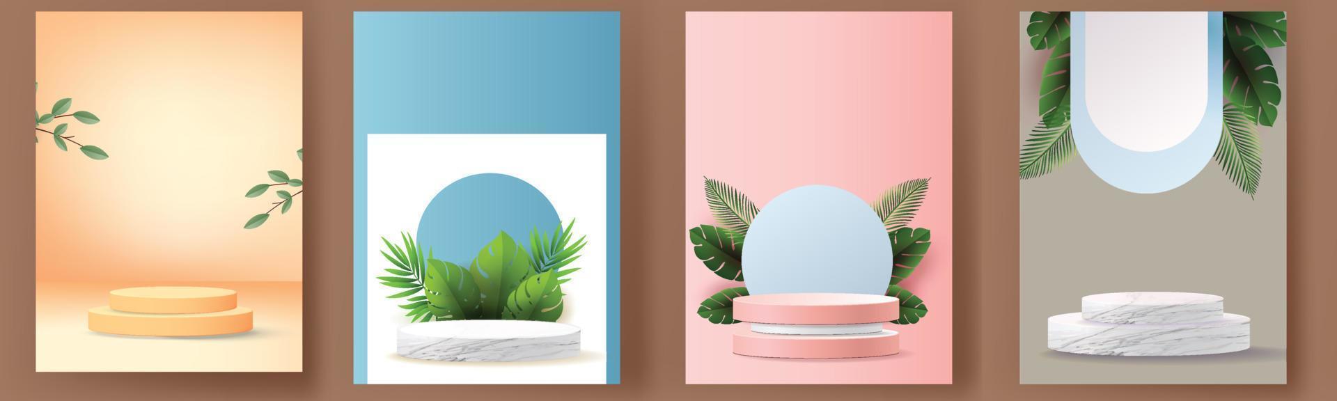 set 3d geometric podium mockup leaf tropical netural concept for showcase green background Abstract minimal scene product presentation vector