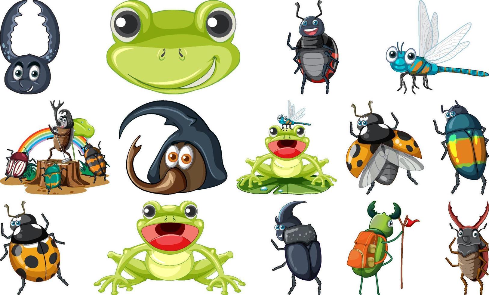 Set of various insects and amphibians cartoon vector