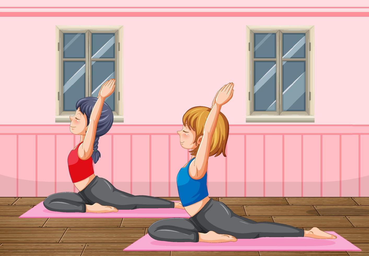mujeres haciendo yoga en casa vector