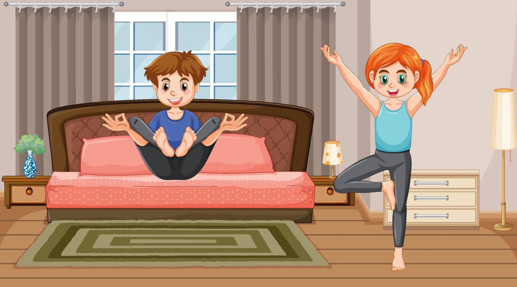Bedroom scene with couple doing yoga vector