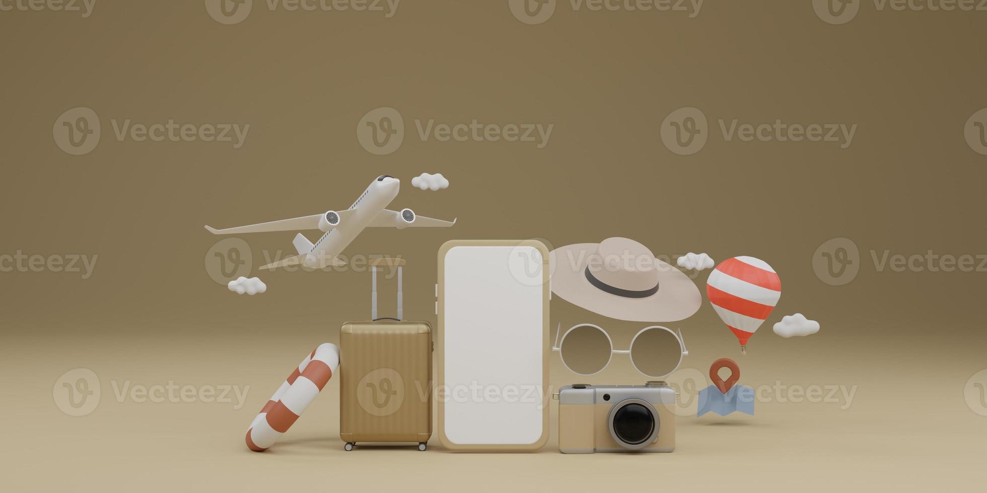 White screen mobile mockup with airplane, balloon, swimming rubber ring, luggage, sunglasses, hat and camera over brown background travel concept. 3d rendering photo