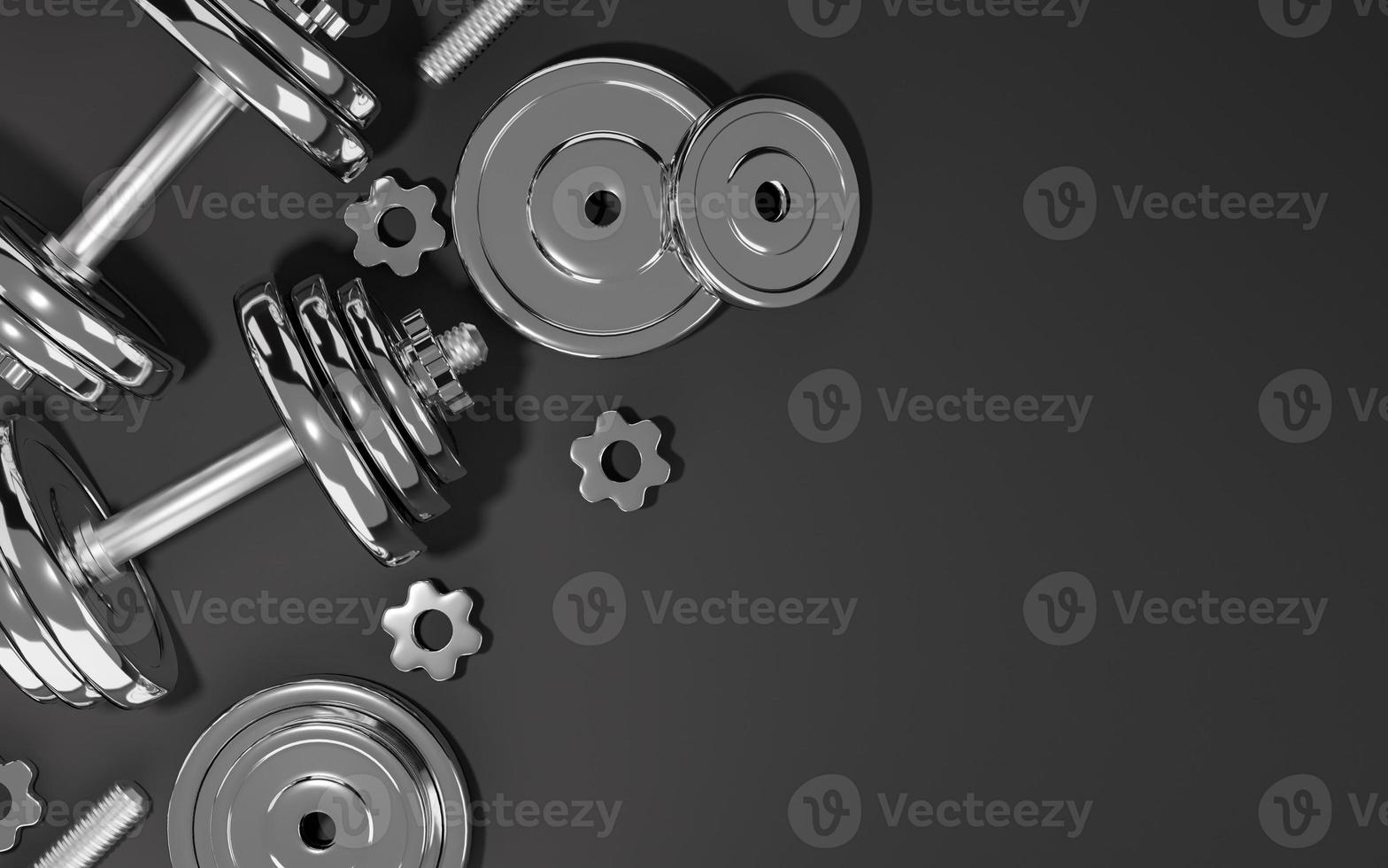 Sport fitness equipment, plates metal dumbbell or barbell on black background, 3D rendering. photo