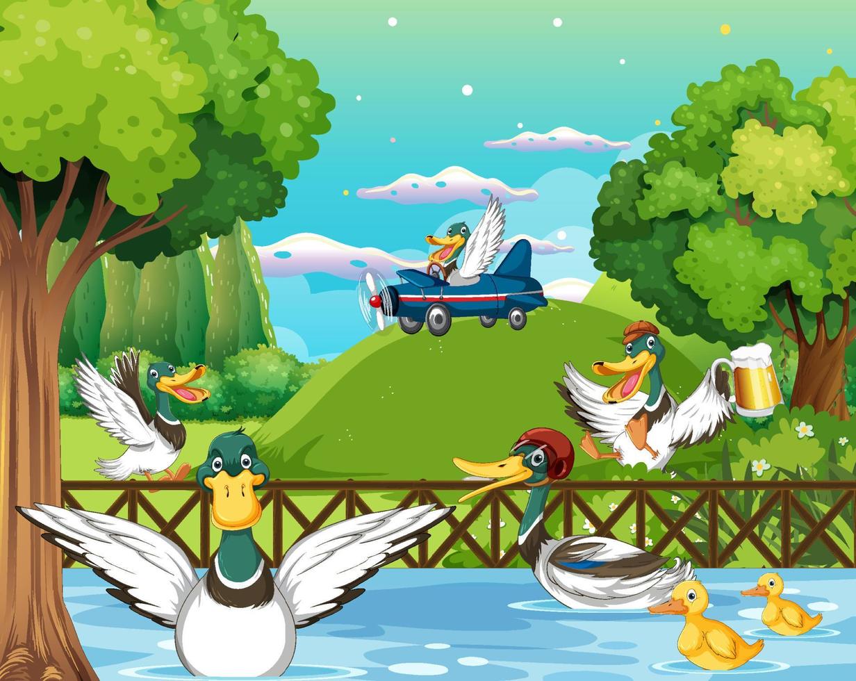 Outdoor scene with cartoon ducks vector