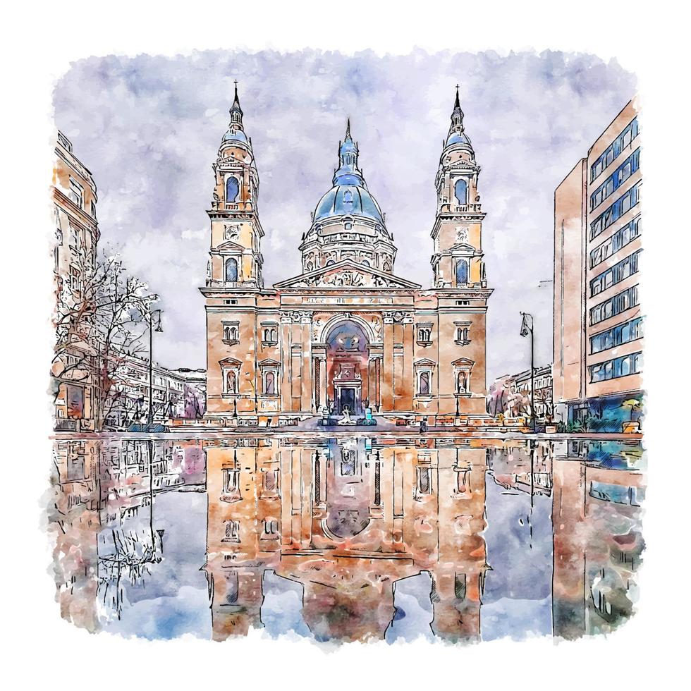 St Stephens Basilica Budapest Watercolor sketch hand drawn illustration vector