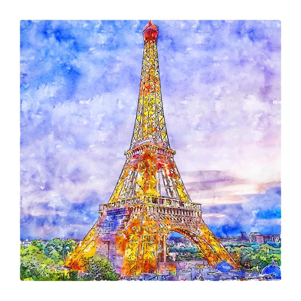 Eiffel Tower Paris France Watercolor sketch hand drawn illustration vector