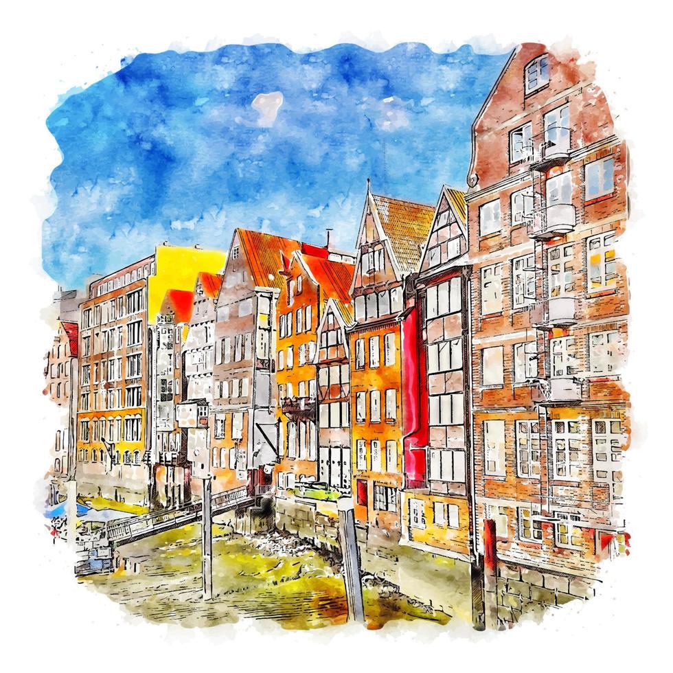 Hamburg Germany Watercolor sketch hand drawn illustration vector