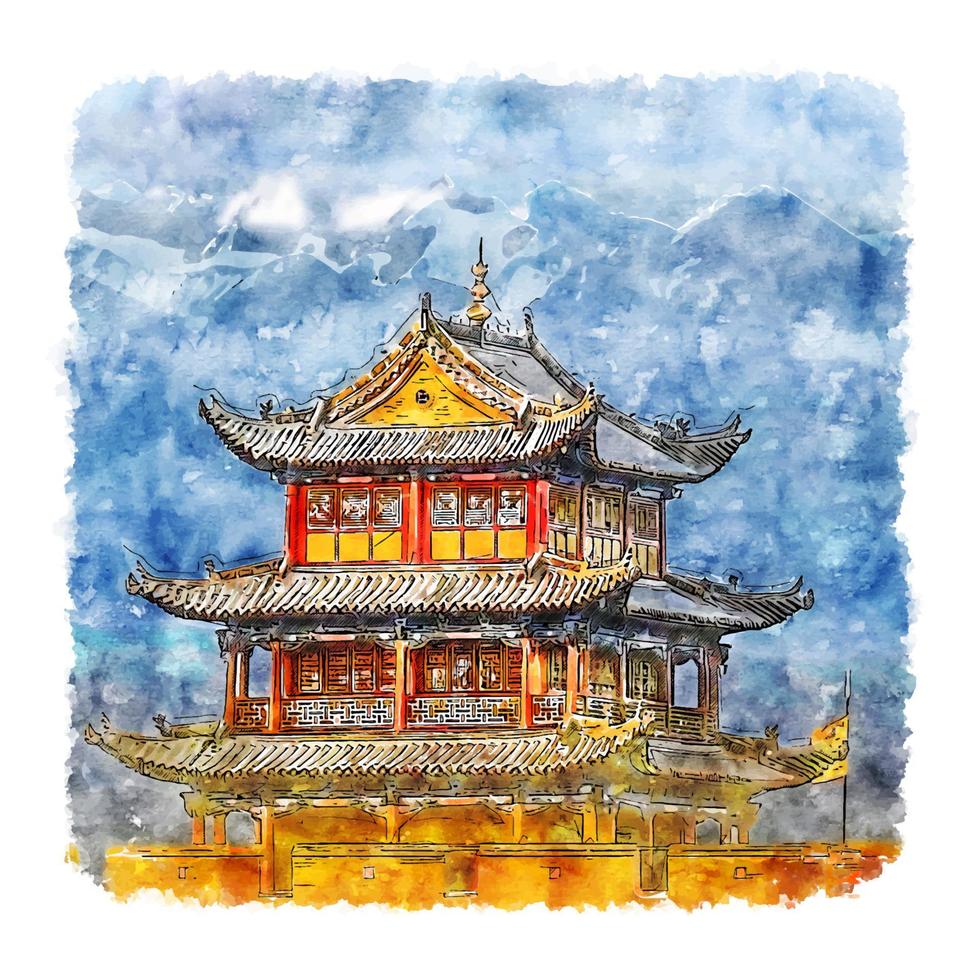 Jiayuguan Great Wall China Watercolor sketch hand drawn illustration vector