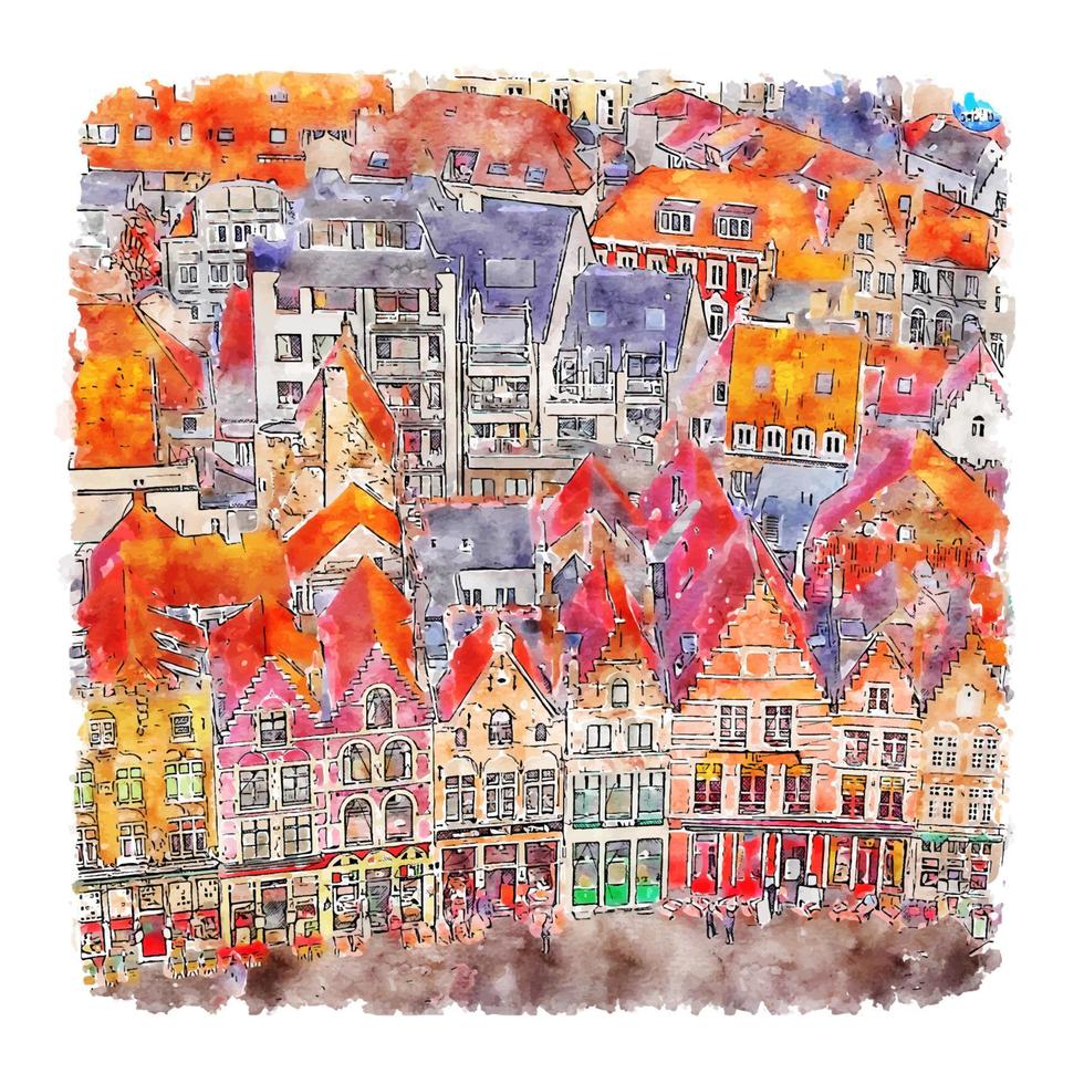 Brugge Belgium Watercolor sketch hand drawn illustration vector