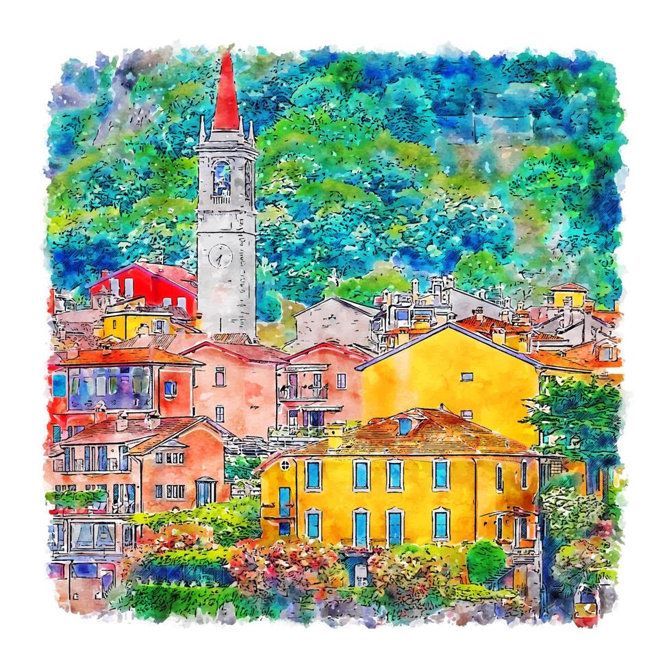 varenna lago como italia acuarela boceto dibujado a mano ilustración vector