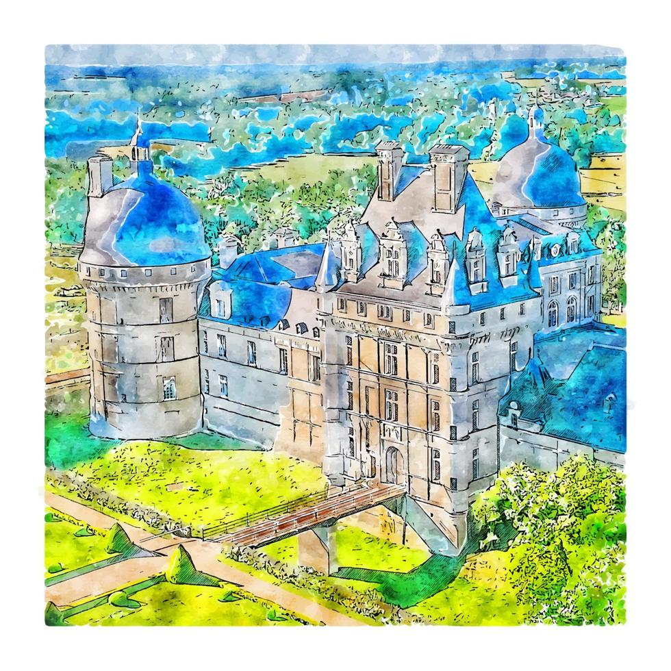 Castle France Watercolor sketch hand drawn illustration vector