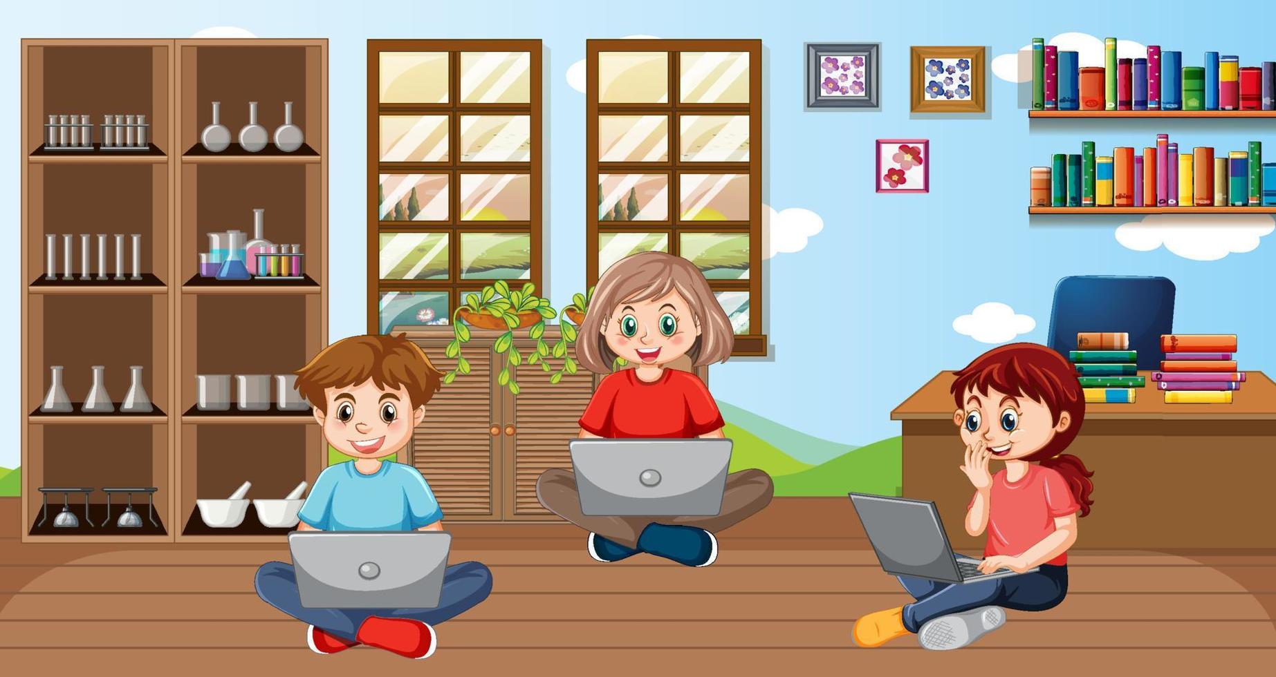 Children using laptop for online learning vector