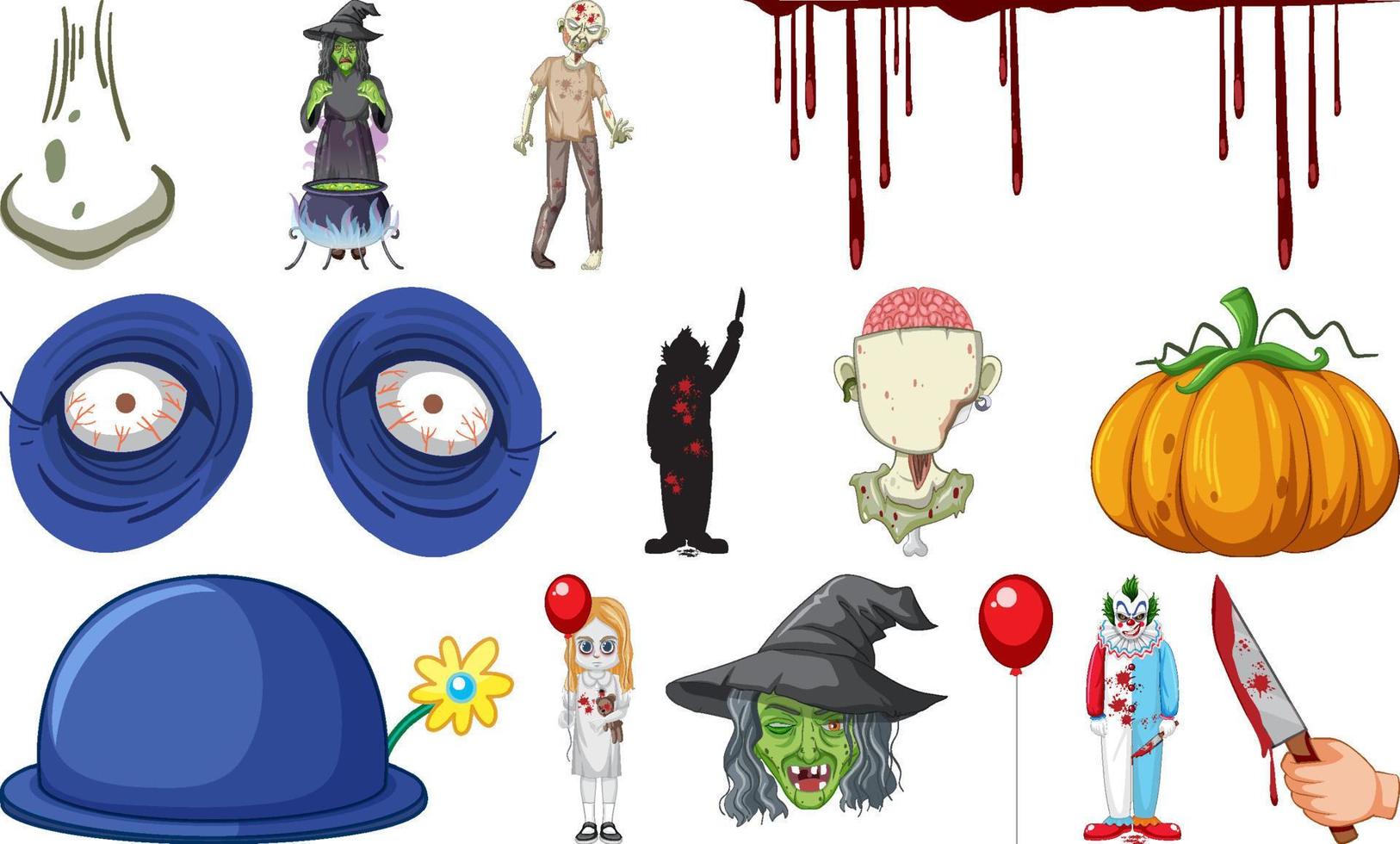 conjunto de objetos de terror de halloween y personajes de dibujos animados vector