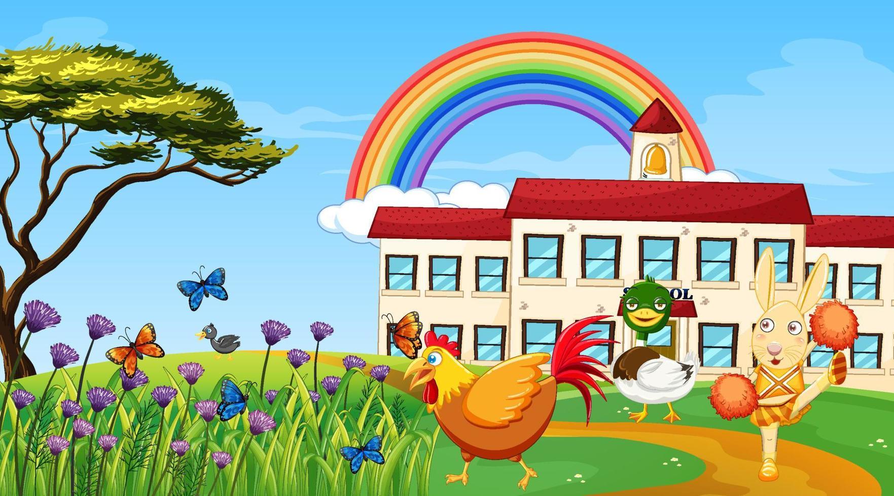 School building and many animals vector