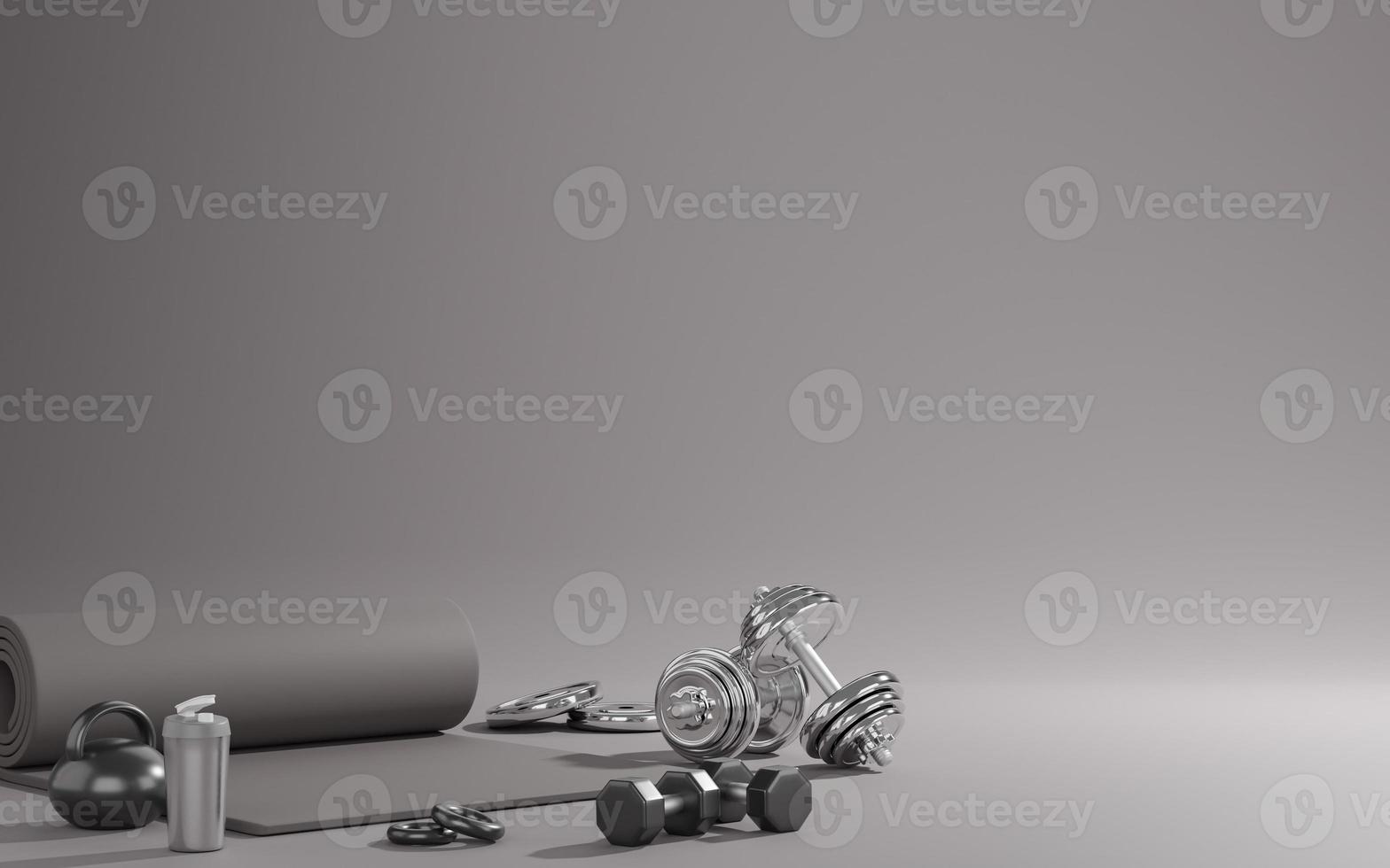 Sport fitness equipment, yoga mat, kettlebell ,bottle of water, dumbbells in grey color, 3D rendering. photo