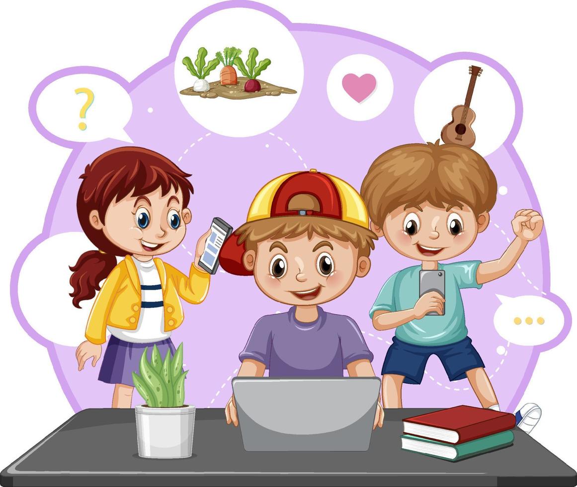 Children browsing internet on their laptop vector