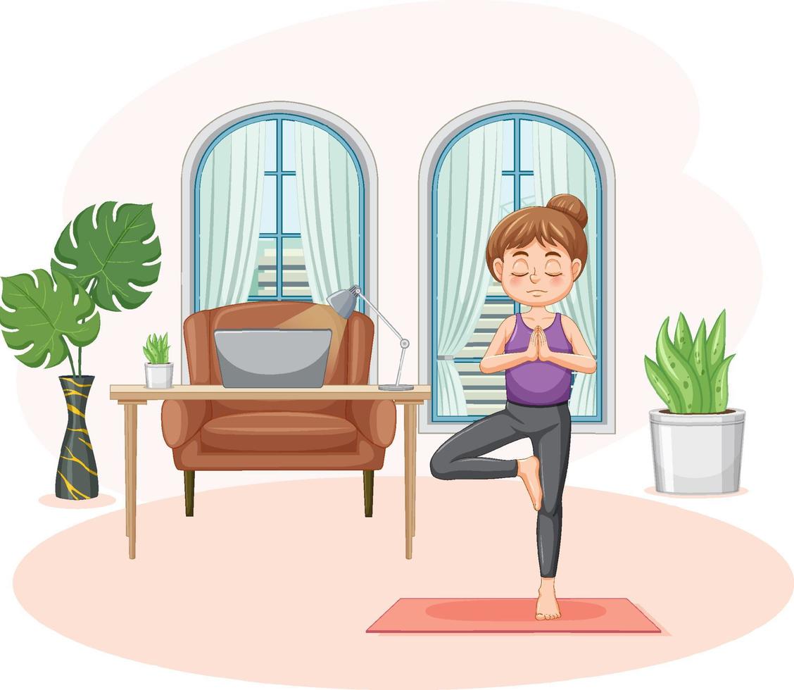 Woman practicing yoga at home vector