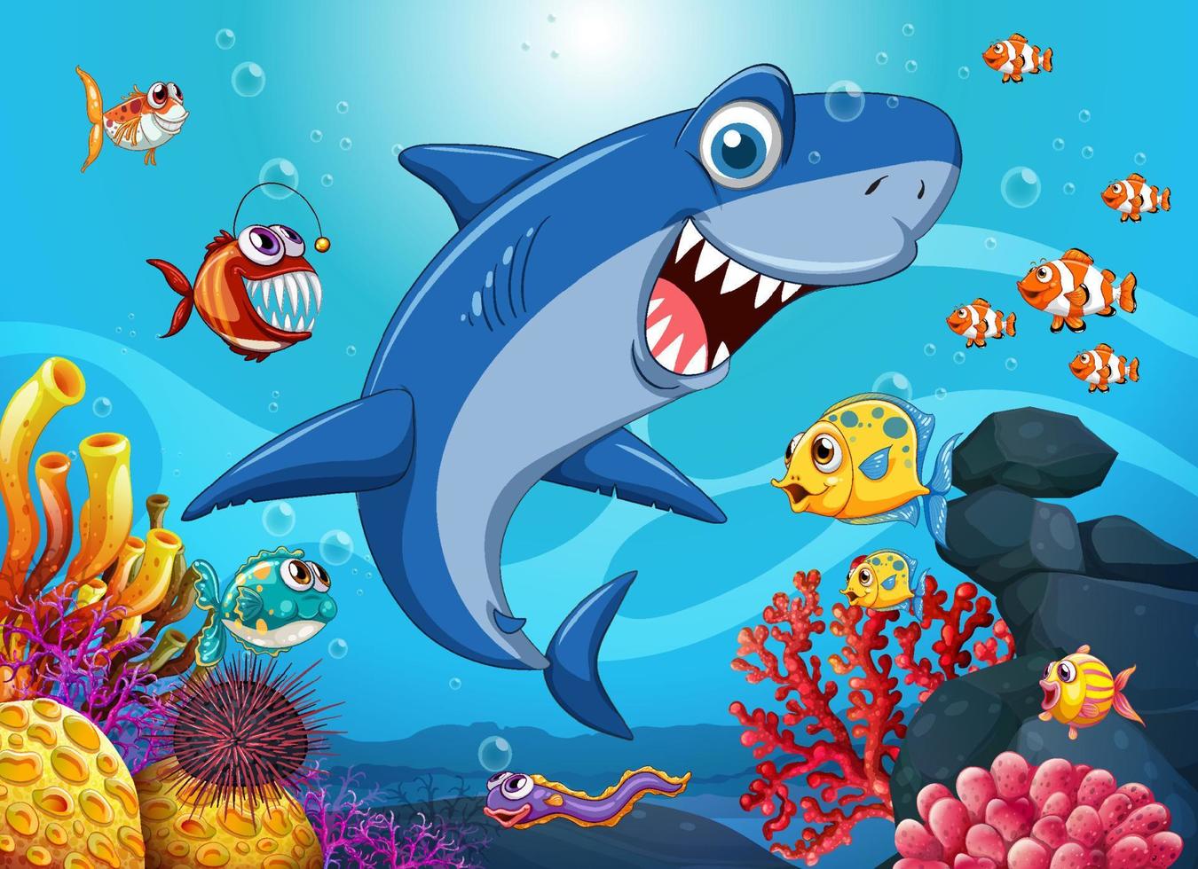 Funny shark with sea animals in the ocean vector