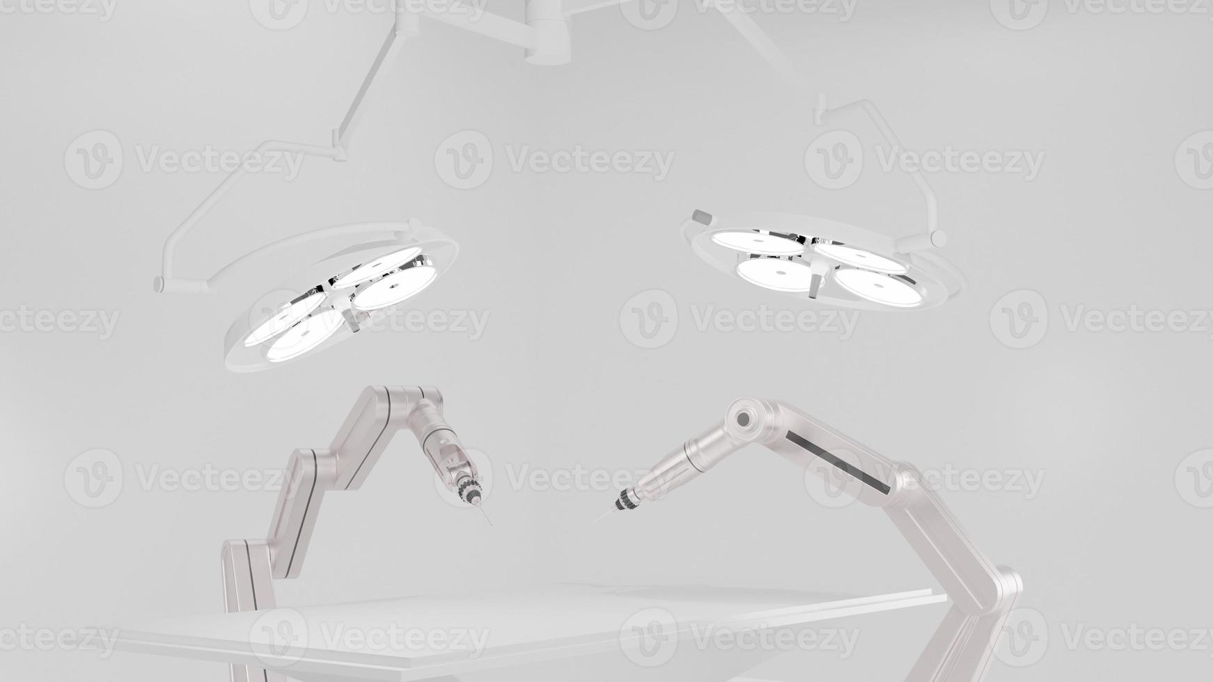 Robot surgery machine with surgery lights in operation room. 3d rendering photo