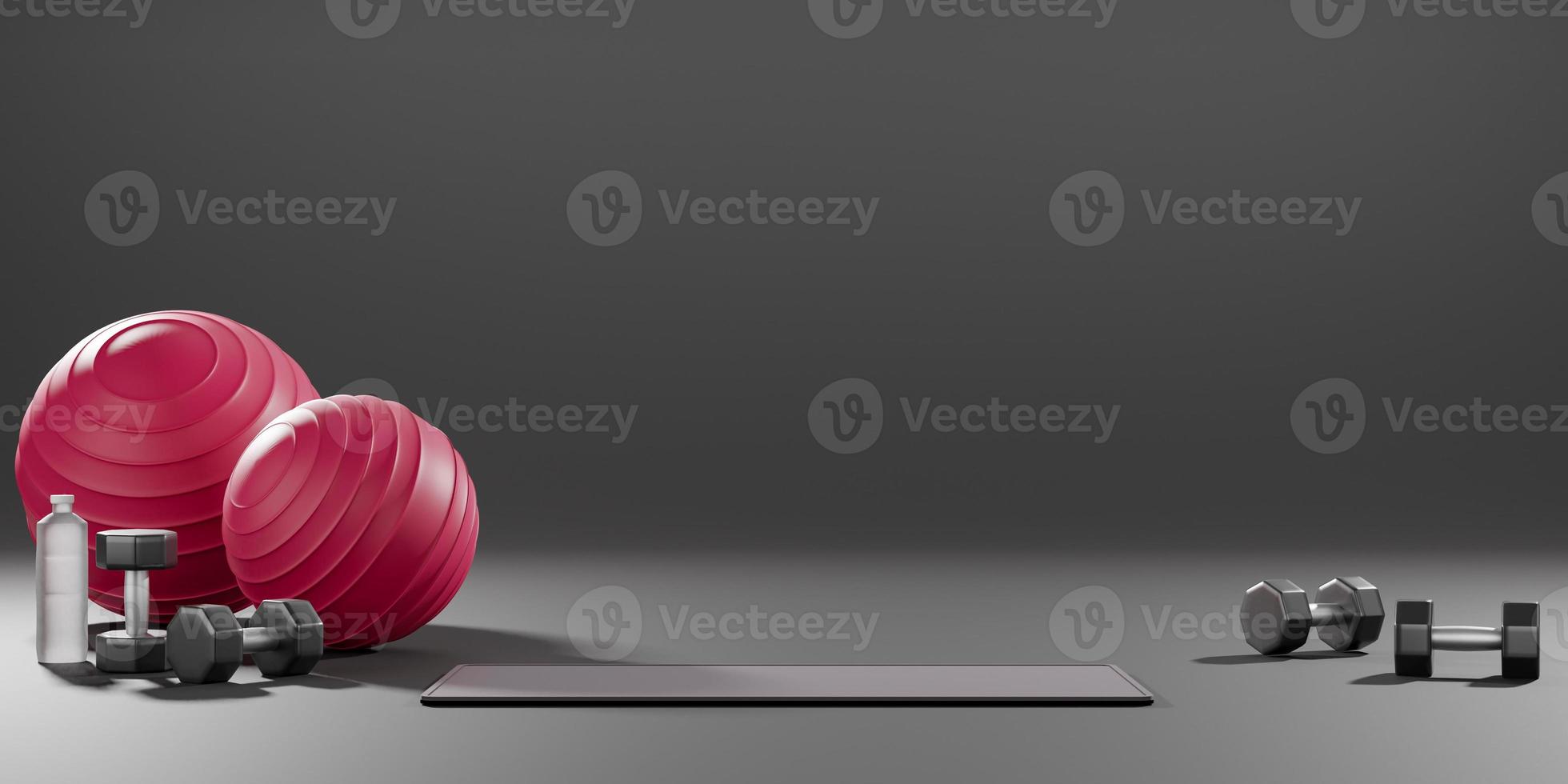 Metal dumbbell, fit ball, yoga mat and drinking water bottle. Equipment for fitness on black background. 3D Rendering photo