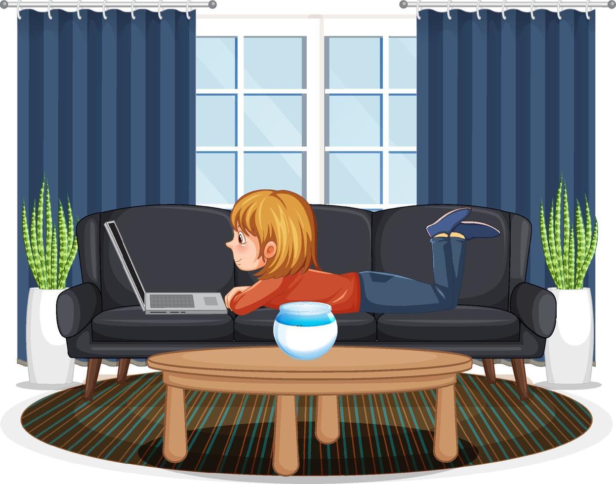A girl browsing internet on laptop at home vector