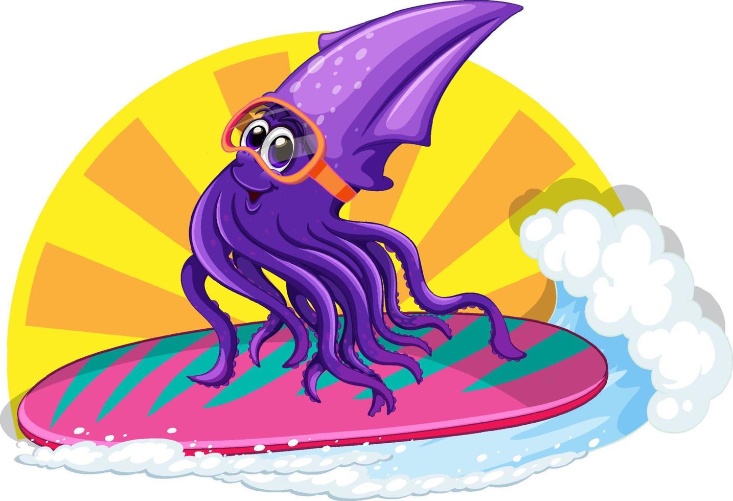 Squid on surfboard with ocean wave vector