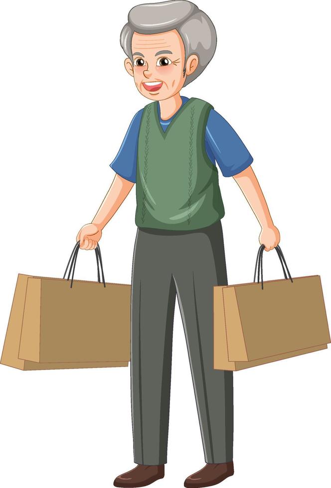 A male senior cartoon character carry shopping bag vector
