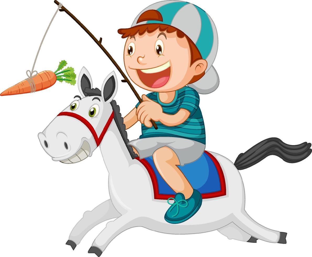 niño montando un caballo pescando una zanahoria vector