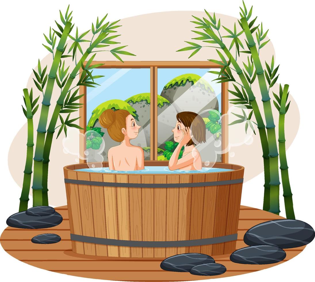 Woman in wooden hot tub spa vector