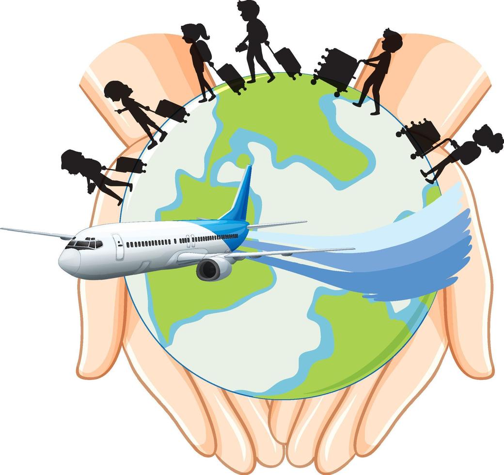Silhouette tourist people on earth planet vector