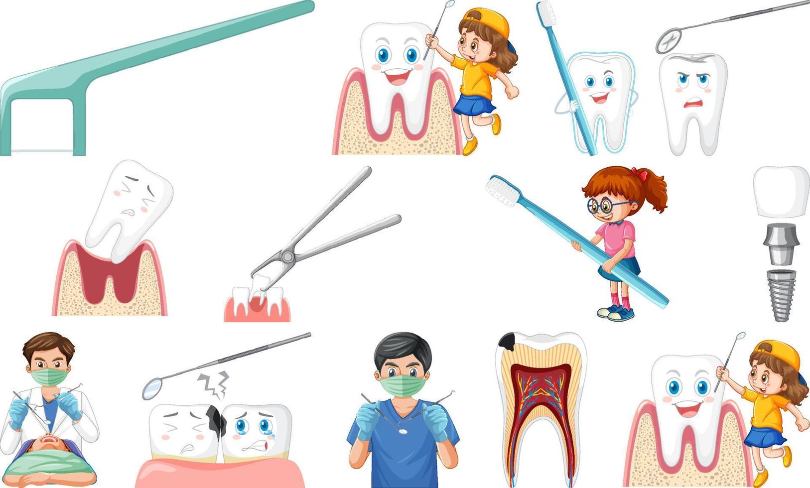 Set of dental equipments and cartoon characters vector