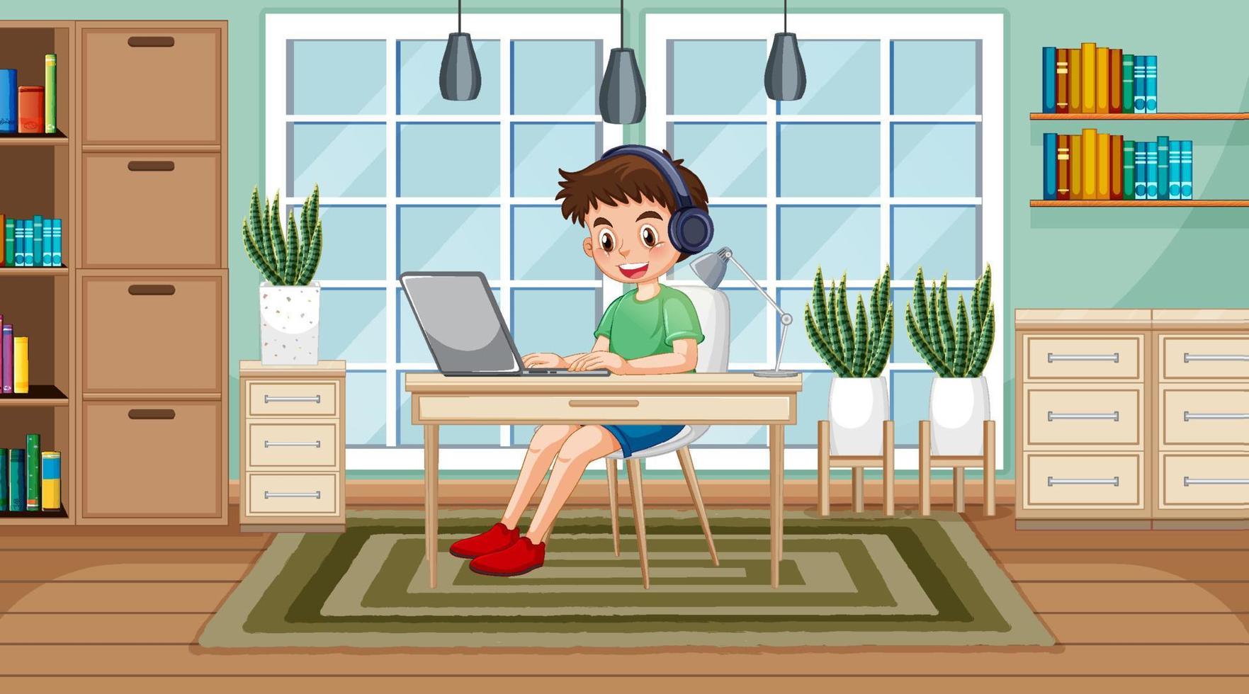 A boy browsing internet on laptop vector