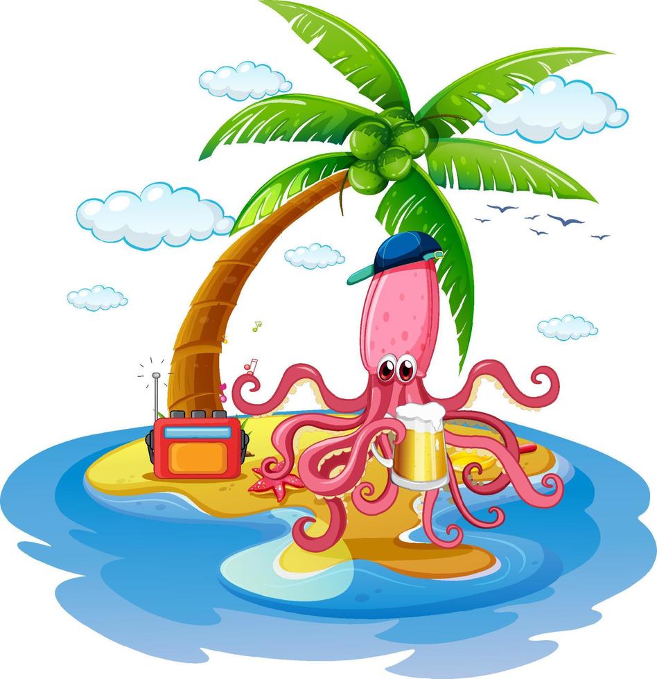 Octopus cartoon character at the beach vector