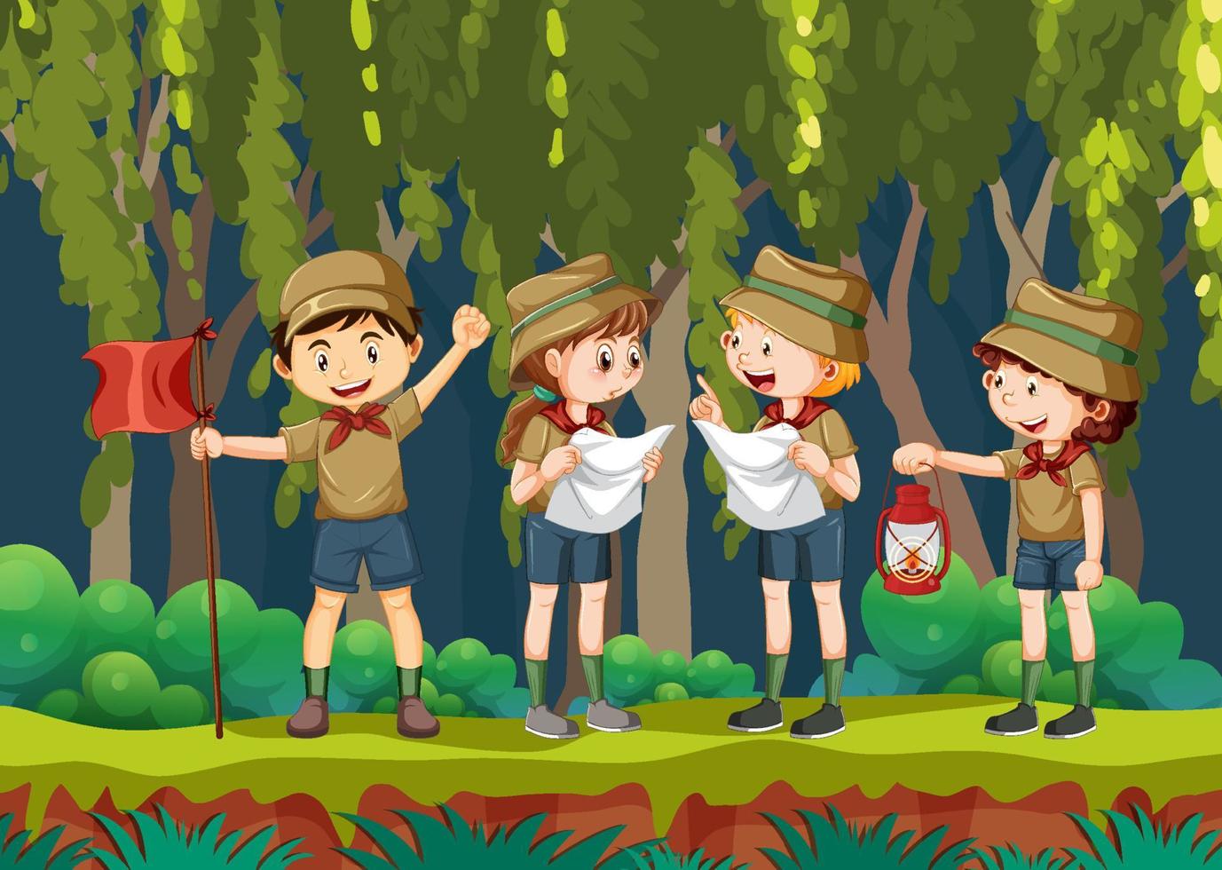 niños exploradores caminando en el bosque vector