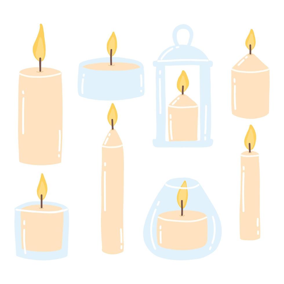 A set of different candles. Burning candles. Vector illustration. Drawn style. Collection of aroma candles.