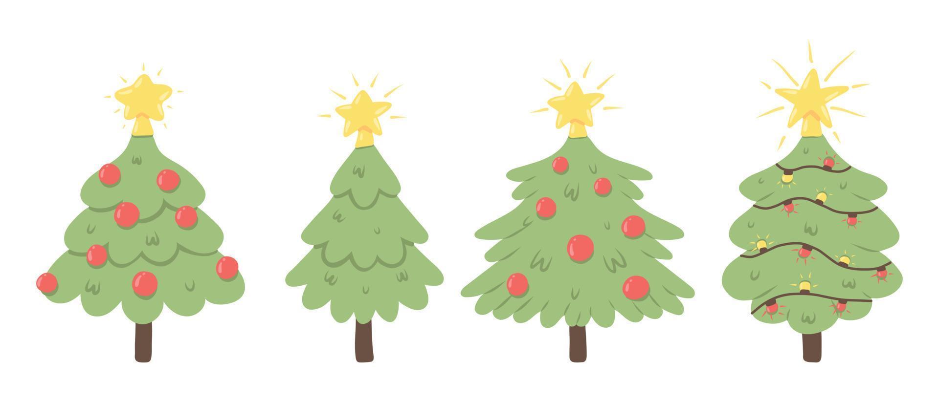 Collection of Christmas trees with a star and balls. Vector illustration .Drawn style. Set of Christmas trees.