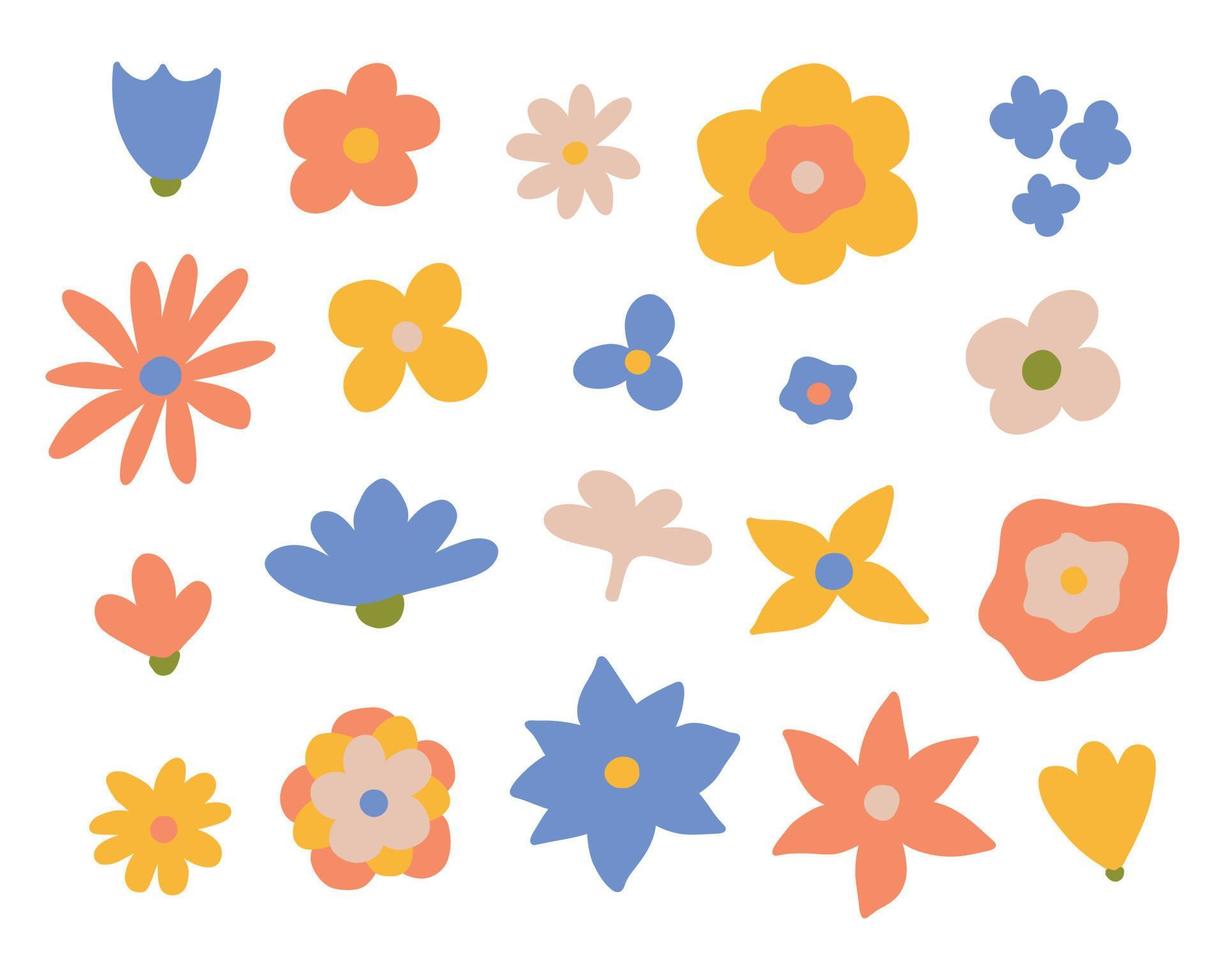 Retro flowers in the 70s. Vector illustration. Set of retro flowers. Drawn style.