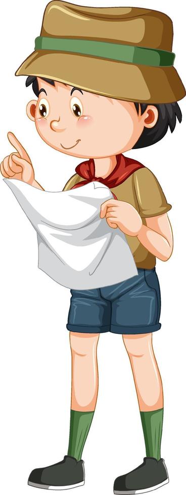 Camping boy looking at map vector