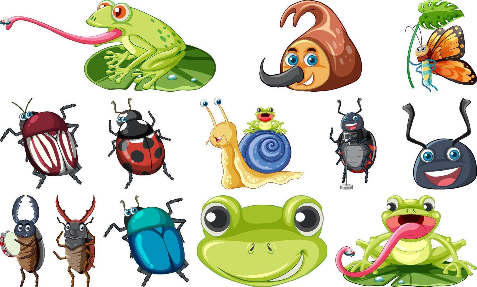 Set of various insects and amphibians cartoon vector