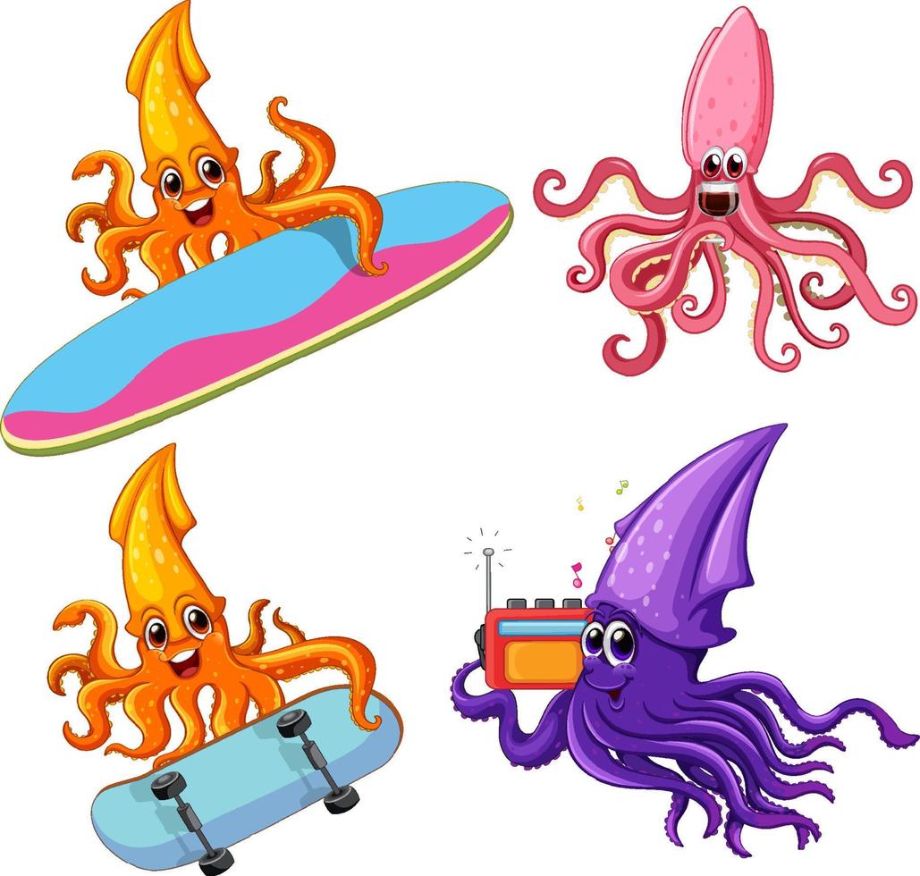 Squid cartoon characters set vector
