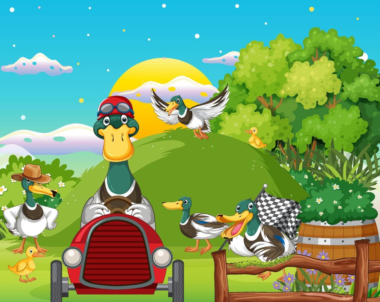 Outdoor scene with cartoon ducks vector